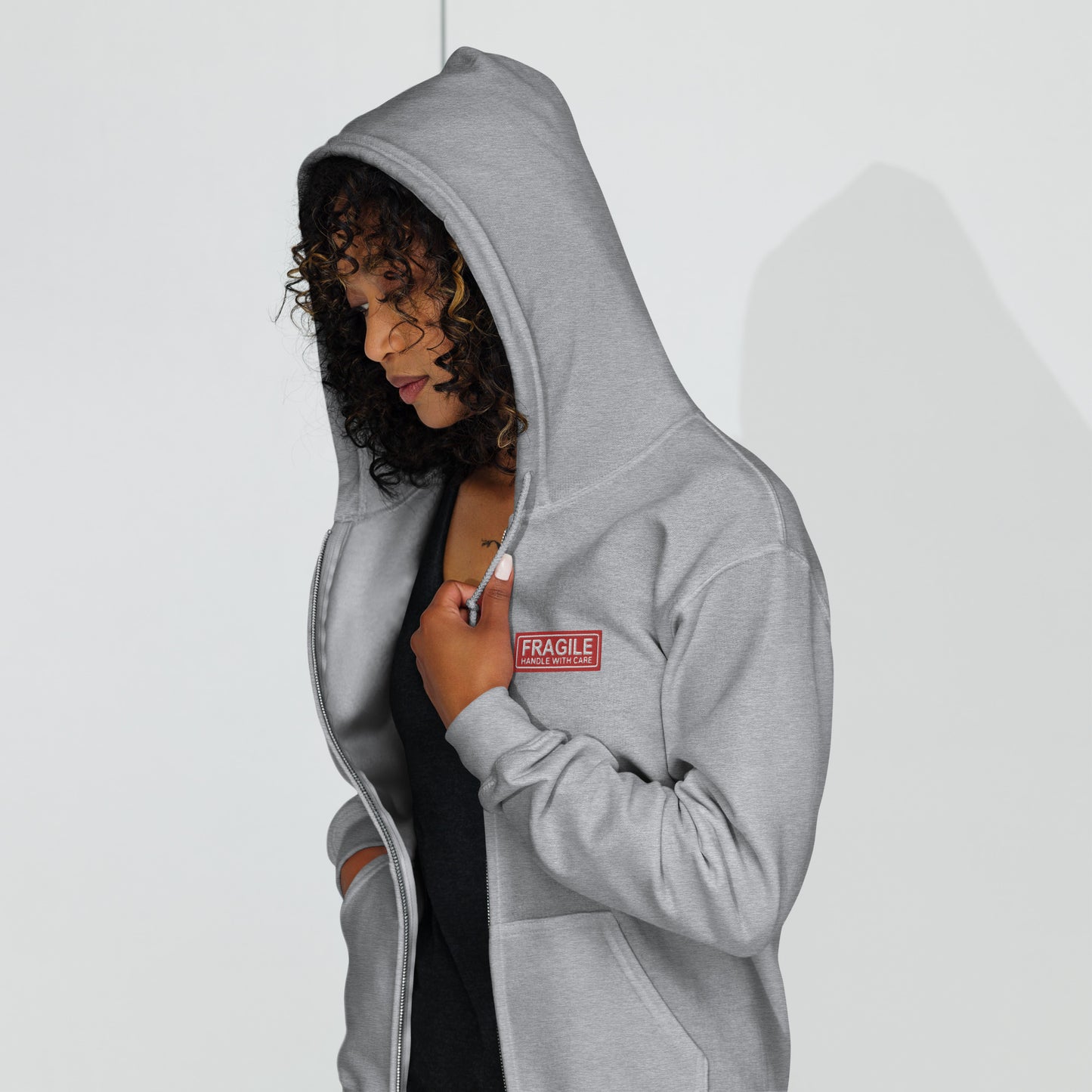 "Fragile" Embroidered Zip Hoodie